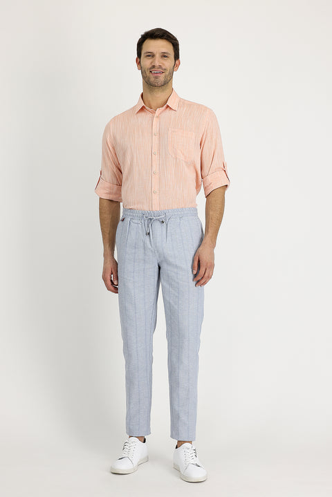Orta Gri Slim Fit Dar Kesim Beli Lastikli İpli Çizgili Keten Pantolon