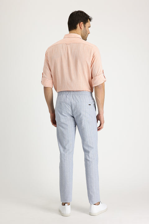 Orta Gri Slim Fit Dar Kesim Beli Lastikli İpli Çizgili Keten Pantolon