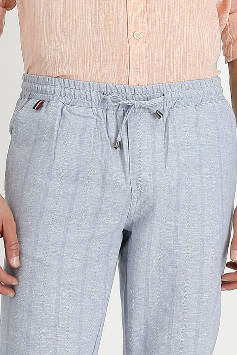 Orta Gri Slim Fit Dar Kesim Beli Lastikli İpli Çizgili Keten Pantolon