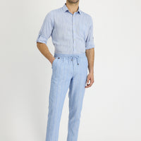 Mavi Slim Fit Dar Kesim Beli Lastikli İpli Çizgili Keten Pantolon
