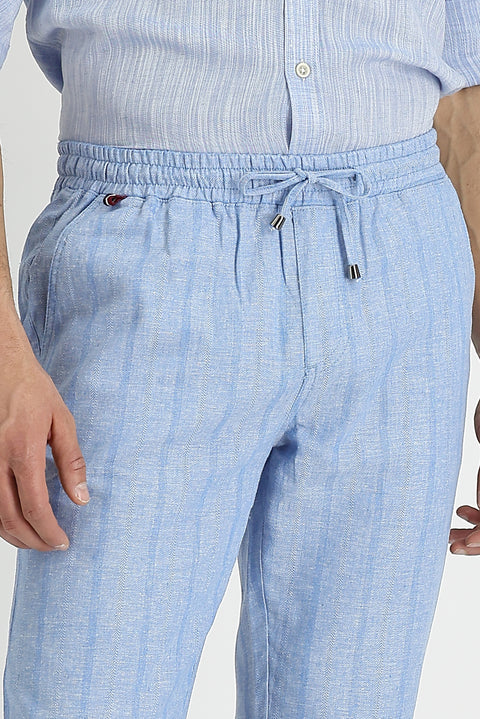Mavi Slim Fit Dar Kesim Beli Lastikli İpli Çizgili Keten Pantolon