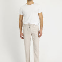 Mid-Beige Slim Fit Drawstring Striped Linen Trousers with Elastic Waist