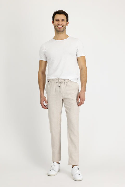 Mid-Beige Slim Fit Drawstring Striped Linen Trousers with Elastic Waist