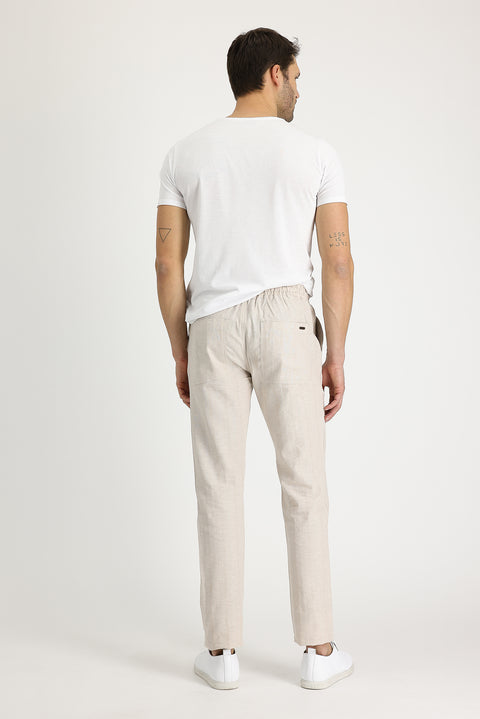 Mid-Beige Slim Fit Drawstring Striped Linen Trousers with Elastic Waist