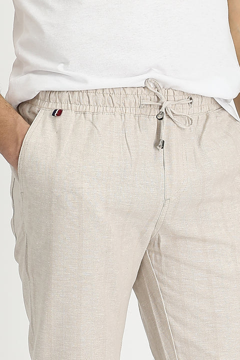Mid-Beige Slim Fit Drawstring Striped Linen Trousers with Elastic Waist
