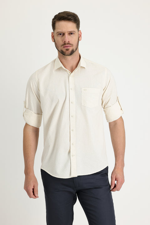 Open Beige Long Sleeve Relaxed Fit Patterned Cotton Shirt