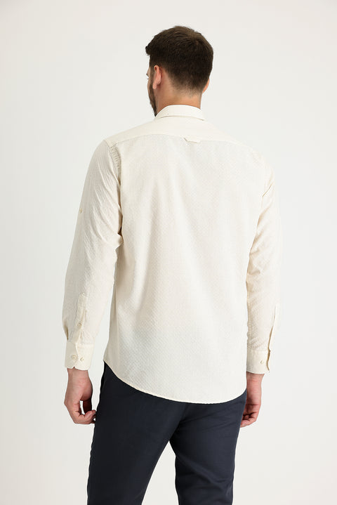 Open Beige Long Sleeve Relaxed Fit Patterned Cotton Shirt