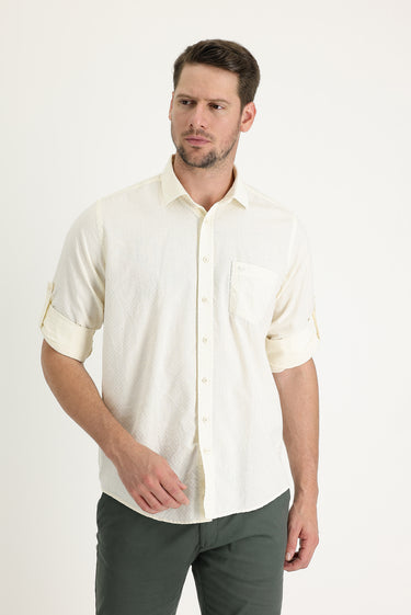 Ekru Uzun Kol Relaxed Fit Rahat Kesim Desenli Gömlek