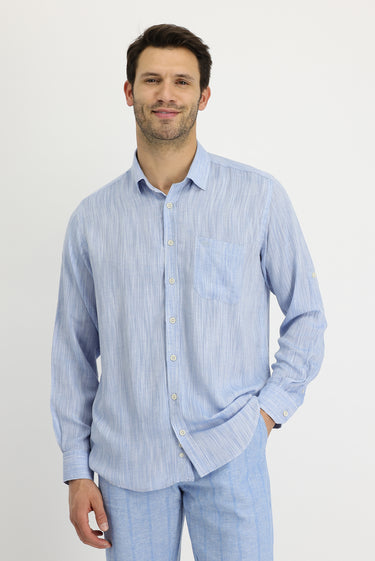 Açık Mavi Uzun Kol Regular Fit Desenli Keten Gömlek