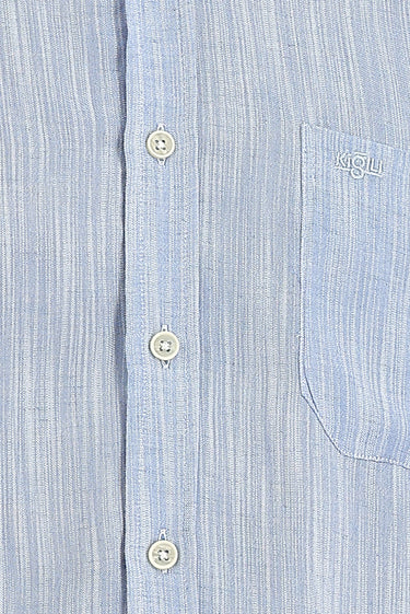 Açık Mavi Uzun Kol Regular Fit Desenli Keten Gömlek