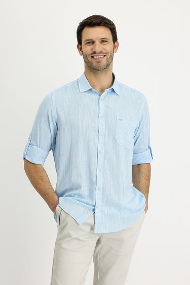 Su Mavisi Uzun Kol Regular Fit Desenli Keten Gömlek