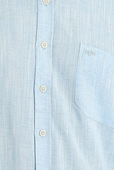 Su Mavisi Uzun Kol Regular Fit Desenli Keten Gömlek