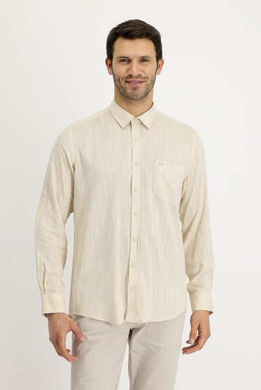 Orta Bej Uzun Kol Regular Fit Desenli Keten Gömlek