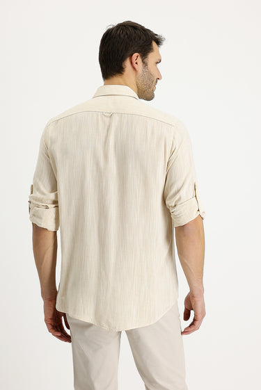 Orta Bej Uzun Kol Regular Fit Desenli Keten Gömlek