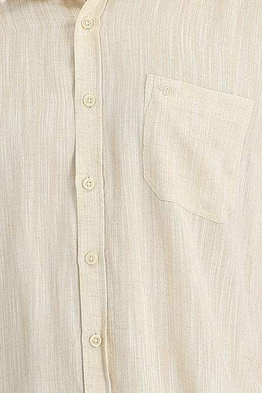 Orta Bej Uzun Kol Regular Fit Desenli Keten Gömlek