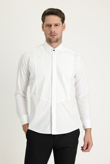 Beyaz Ata Yaka Slim Fit Dar Kesim Piliseli Pamuk Gömlek
