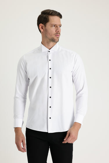 Beyaz Uzun Kol Ata Yaka Slim Fit Dar Kesim Pamuklu Kolay Ütülenebilir Gömlek