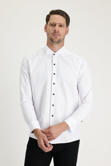 Beyaz Uzun Kol Ata Yaka Slim Fit Dar Kesim Pamuklu Kolay Ütülenebilir Gömlek