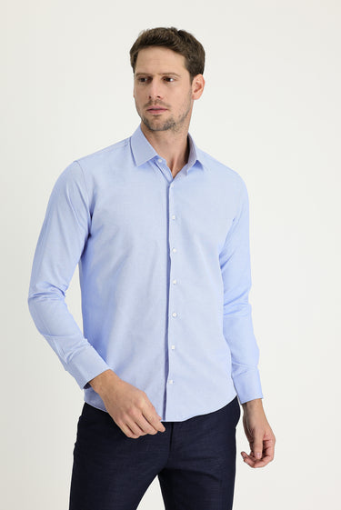 Mavi Uzun Kol Slim Fit Dar Kesim Klasik Desenli Pamuklu Kolay Ütülenebilir Gömlek
