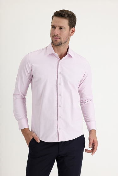 Toz Pembe Uzun Kol Slim Fit Dar Kesim Klasik Desenli Pamuklu Kolay Ütülenebilir Gömlek