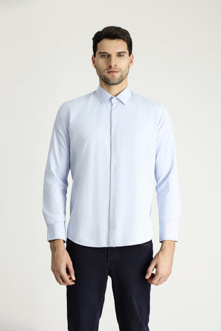 Uçuk Mavi Uzun Kol Slim Fit Dar Kesim Klasik Desenli Pamuklu Gömlek
