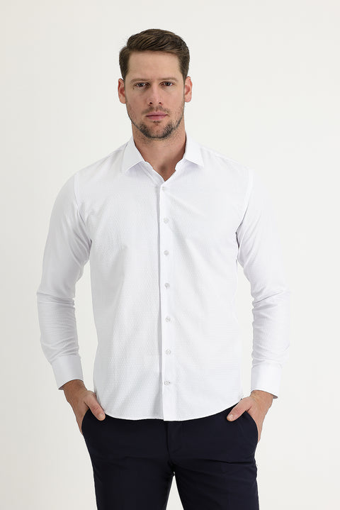 Beyaz Uzun Kol Slim Fit Dar Kesim Klasik Desenli Pamuklu Kolay Ütülenebilir Gömlek