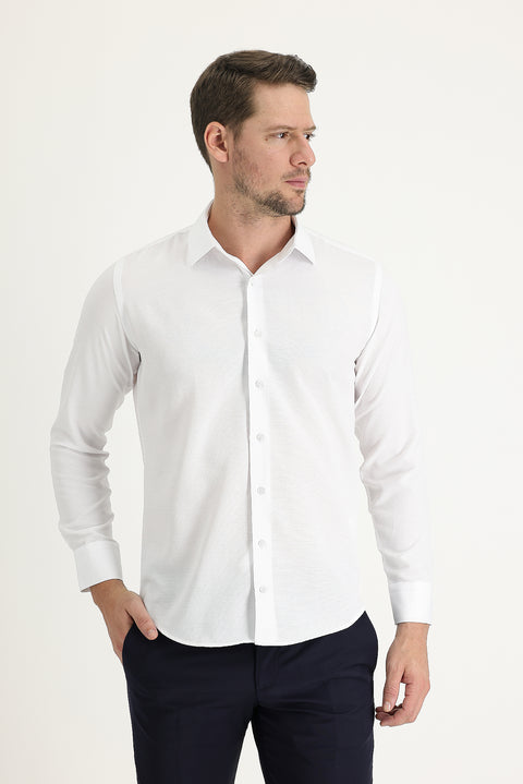 Beyaz Uzun Kol Slim Fit Dar Kesim Klasik Desenli Pamuklu Kolay Ütülenebilir Gömlek