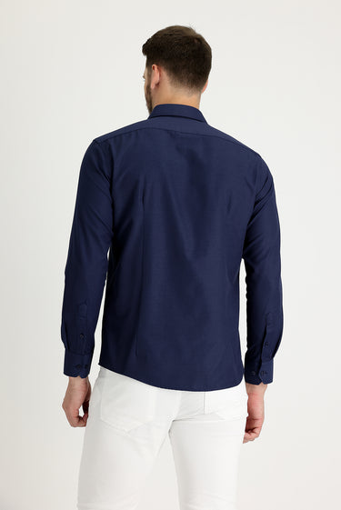 Koyu Lacivert Uzun Kol Slim Fit Dar Kesim Klasik Desenli Pamuklu Kolay Ütülenebilir Gömlek