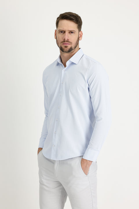 Uçuk Mavi Uzun Kol Slim Fit Dar Kesim Klasik Desenli Pamuklu Kolay Ütülenebilir Gömlek