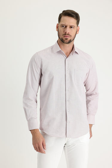 Açık Kırmızı Uzun Kol Klasik Desenli Pamuklu Kolay Ütülenebilir Gömlek