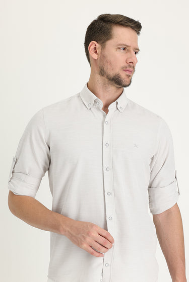 Açık Bej Uzun Kol Relaxed Fit Rahat Kesim Keten Görünümlü Gömlek