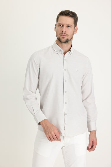 Açık Bej Uzun Kol Relaxed Fit Rahat Kesim Keten Görünümlü Gömlek