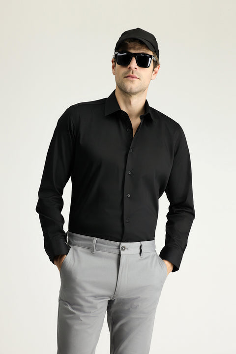 Black Long Sleeve Slim Fit Classic Nano Care Water Repellent Stain Resistant 4 Seasons Cotton Shirt
