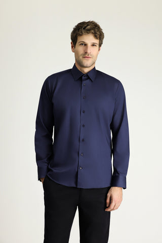 Koyu Lacivert Uzun Kol Slim Fit Dar Kesim Klasik Nano Care Su İtici Leke Tutmaz 4 Mevsim Pamuk Gömlek