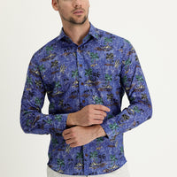 Koyu Mavi Uzun Kol Baskılı Slim Fit Gömlek