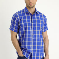 Navy Blue Short-Sleeve Plaid Shirt