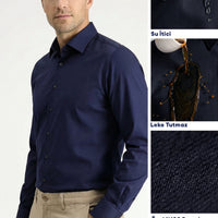 Koyu Lacivert Uzun Kol Slim Fit Dar Kesim Klasik Nano Care Su İtici Leke Tutmaz 4 Mevsim Pamuk Gömlek