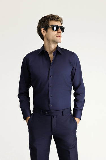 Koyu Lacivert Uzun Kol Slim Fit Dar Kesim Klasik Pamuk Gömlek
