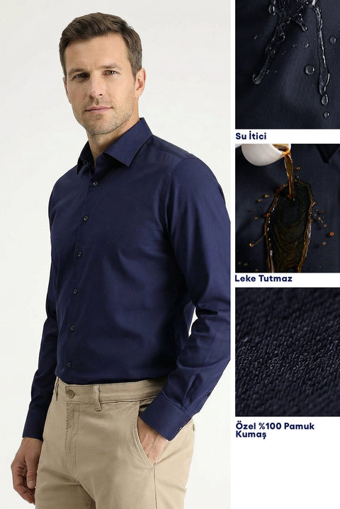 Koyu Lacivert Uzun Kol Slim Fit Dar Kesim Klasik Nano Care Su İtici Leke Tutmaz 4 Mevsim Pamuk Gömlek