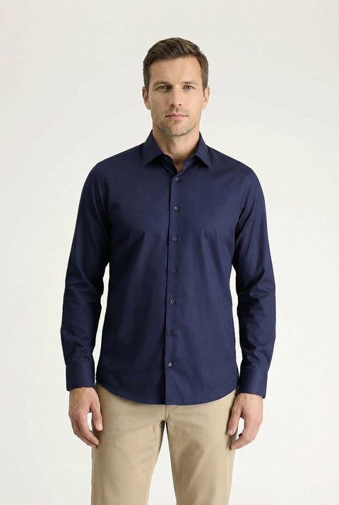 Koyu Lacivert Uzun Kol Slim Fit Dar Kesim Klasik Nano Care Su İtici Leke Tutmaz 4 Mevsim Pamuk Gömlek