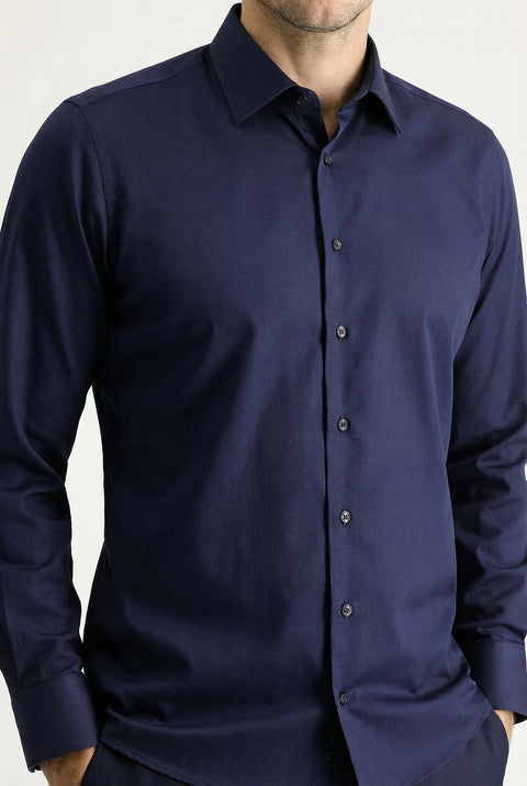 Koyu Lacivert Uzun Kol Slim Fit Dar Kesim Klasik Nano Care Su İtici Leke Tutmaz 4 Mevsim Pamuk Gömlek