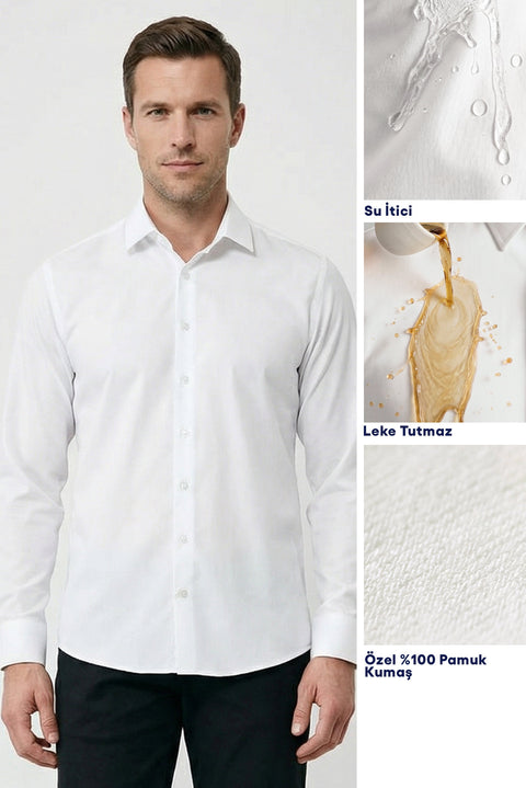 White Long Sleeve Slim Fit Classic Nano Care Water Repellent Stain Resistant 4 Seasons Cotton Shirt