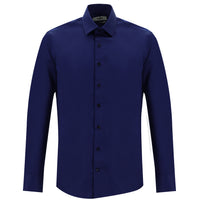 Orta Lacivert Uzun Kol Slim Fit Dar Kesim Non Iron Saten Pamuklu Gömlek