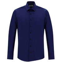 Orta Lacivert Uzun Kol Slim Fit Dar Kesim Non Iron Saten Pamuklu Gömlek