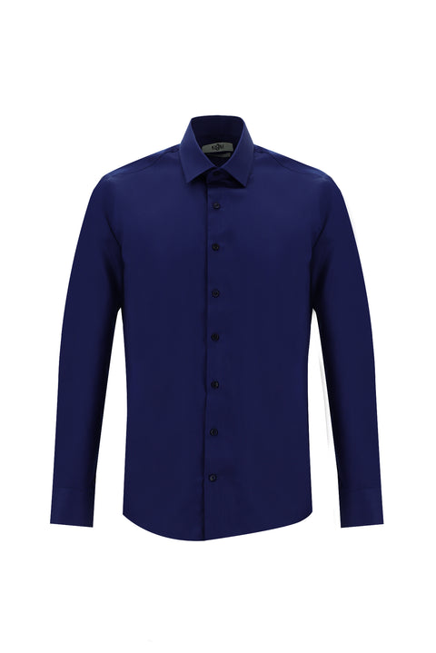 Orta Lacivert Uzun Kol Slim Fit Dar Kesim Non Iron Saten Pamuklu Gömlek