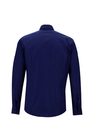 Orta Lacivert Uzun Kol Slim Fit Dar Kesim Non Iron Saten Pamuklu Gömlek