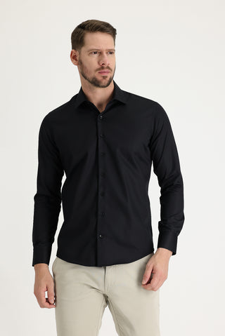 Siyah Uzun Kol Slim Fit Dar Kesim Non Iron Pamuklu Gömlek