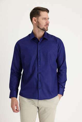 Orta Lacivert Uzun Kol Slim Fit Dar Kesim Non Iron Pamuklu Gömlek