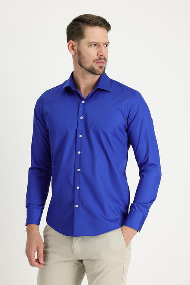 Saks Mavi Uzun Kol Slim Fit Dar Kesim Klasik Non Iron Saten Pamuklu Gömlek