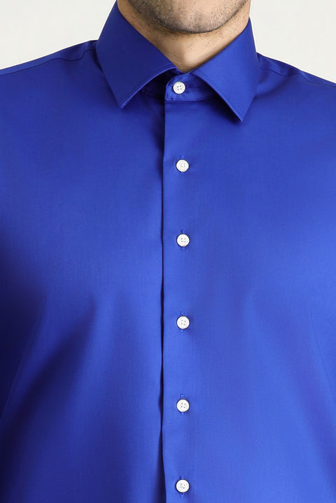 Saks Mavi Uzun Kol Slim Fit Dar Kesim Klasik Non Iron Saten Pamuklu Gömlek